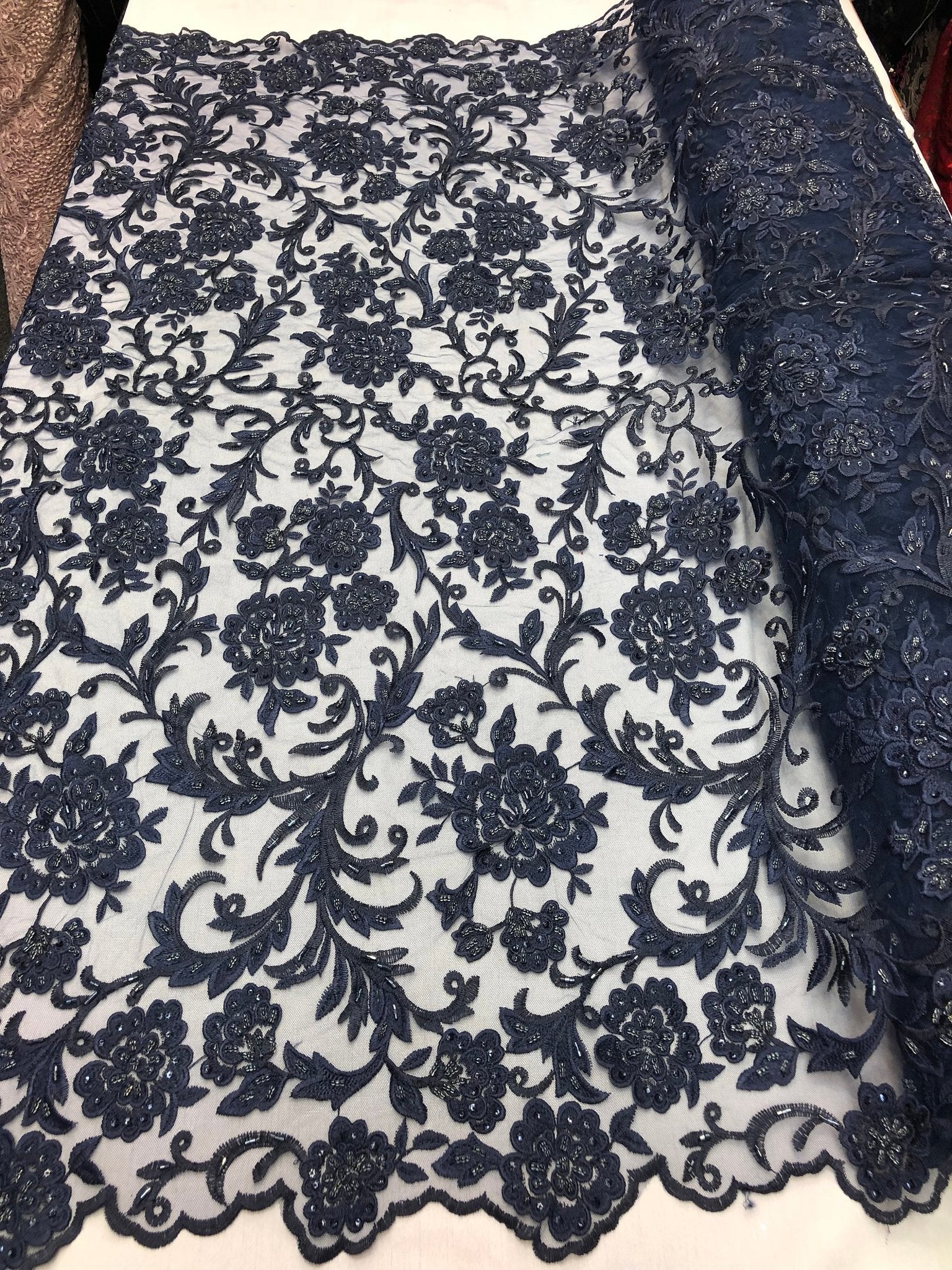 Shop Lace Fabric Beaded Floral NAVY ...